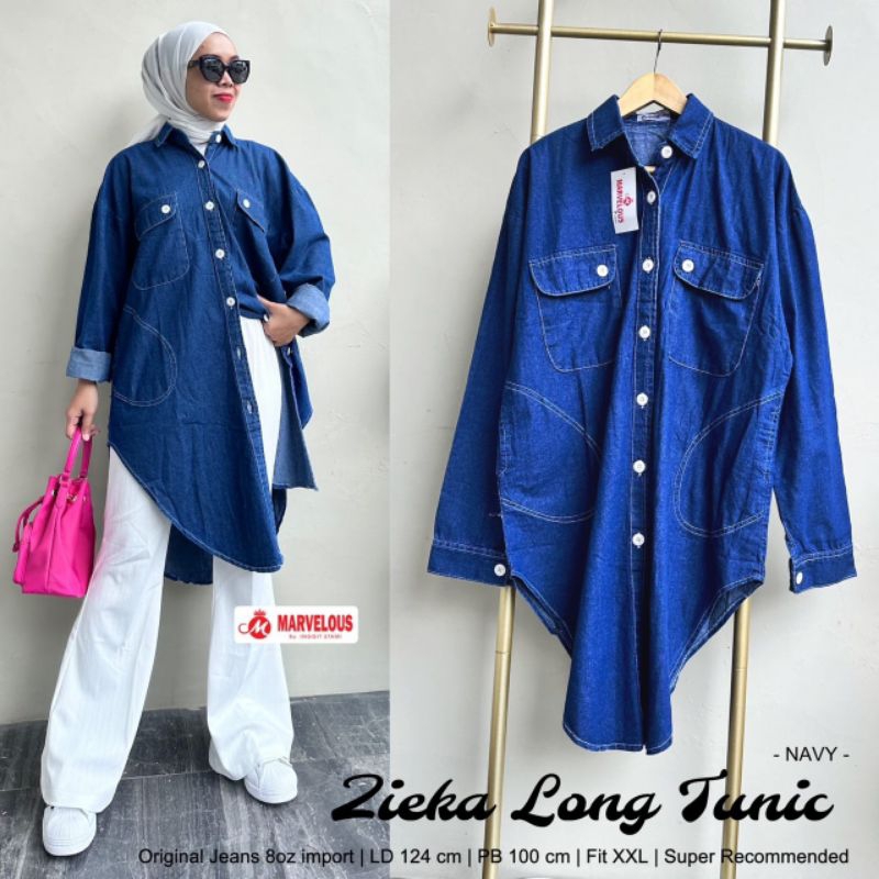 ZIEKA LONG TUNIK BY MARVELOUS / TUNIK JEANS LD BESAR / Bahan jeans tebal rekomended