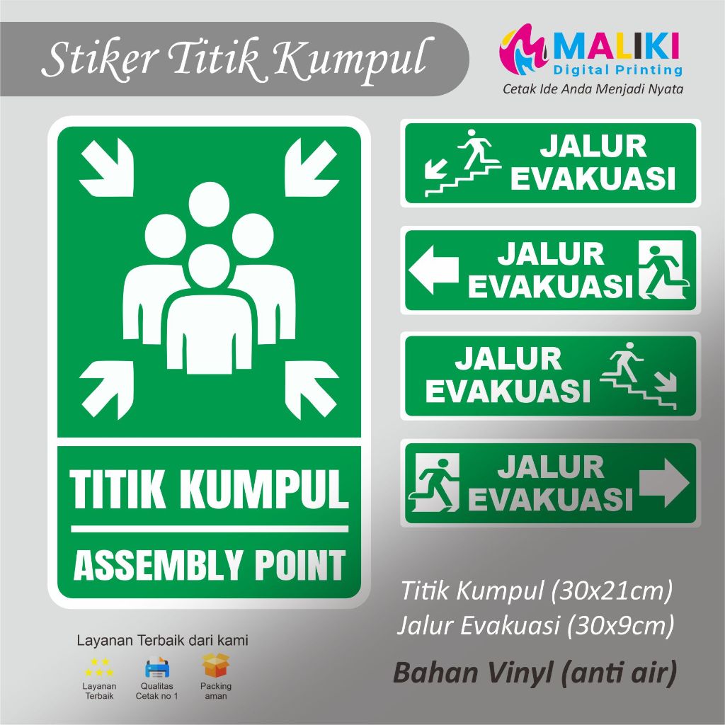 

STIKER TITI KUMPUL, STIKER JALUR EVAKUASI (Bahan Vinyl + Laminasi Glossy Anti Air)