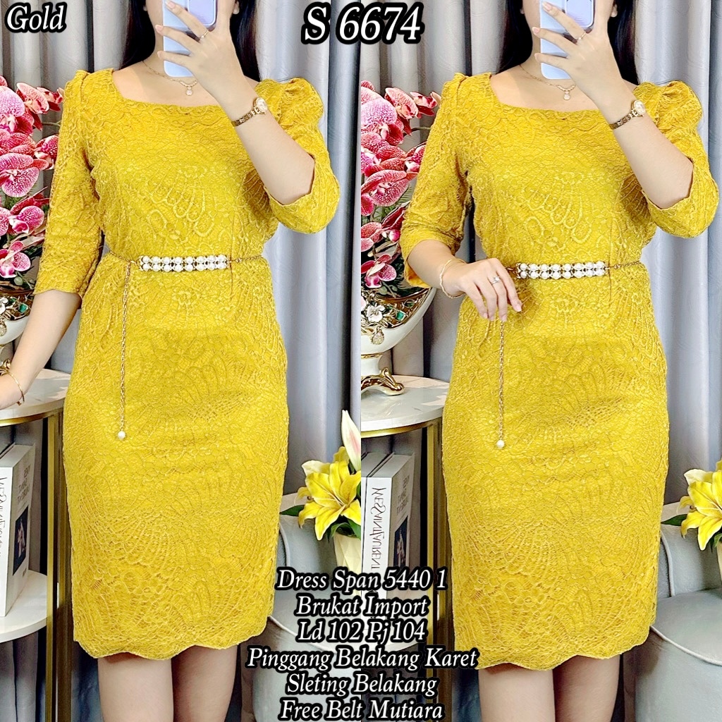 6674# Span Brukat Dress Span Brukat dengan Belt Mutiara Ukuran Standar dan Jumbo Span Brukat Free Be