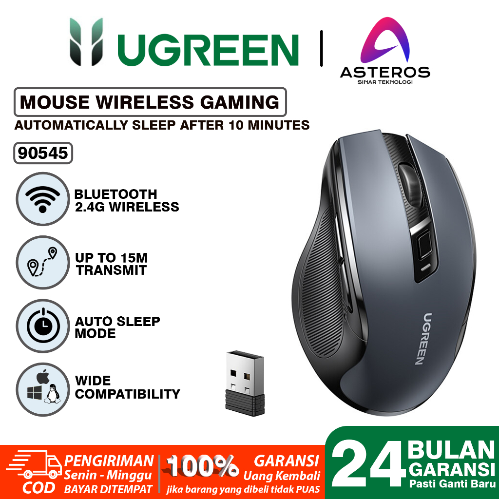 UGREEN Mouse Ergonomic Wireless Bluetooth 2 IN 1 Koneksi Silent Click For Komputer Laptop-90545 GAMING DONGLE