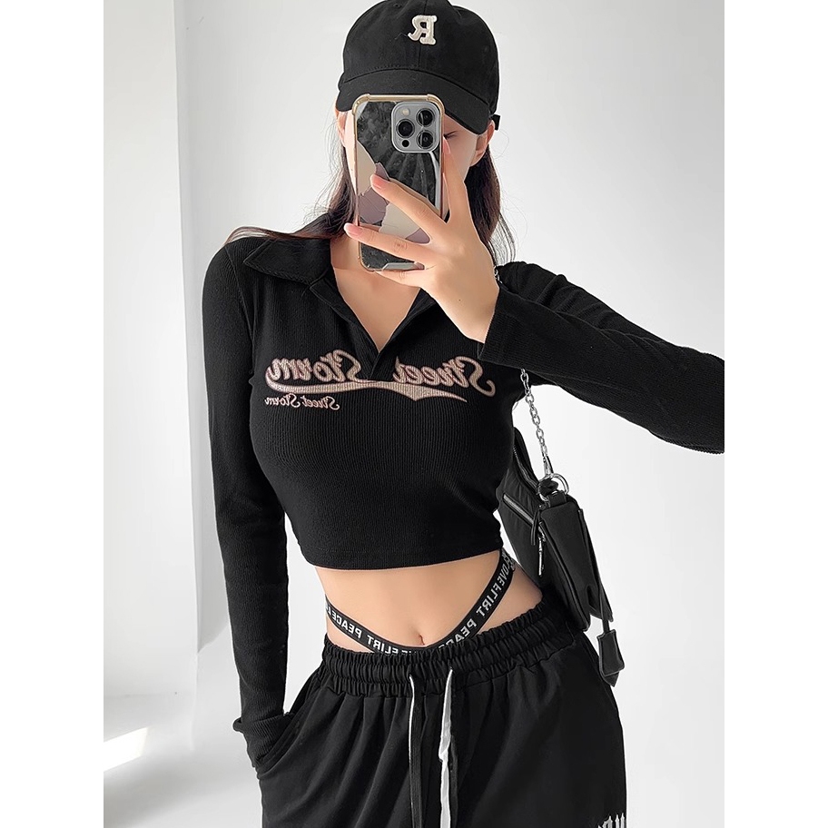 atasan vintage bermotif huruf hitam/lengan panjang rajutan gadis seksi/crop top kerah polo/kaos pres