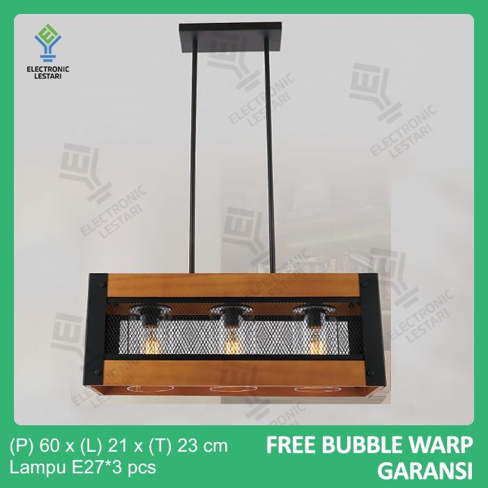 Lampu Gantung Ruang Makan Industrial Antik Modern Aksen Kayu 60 cm