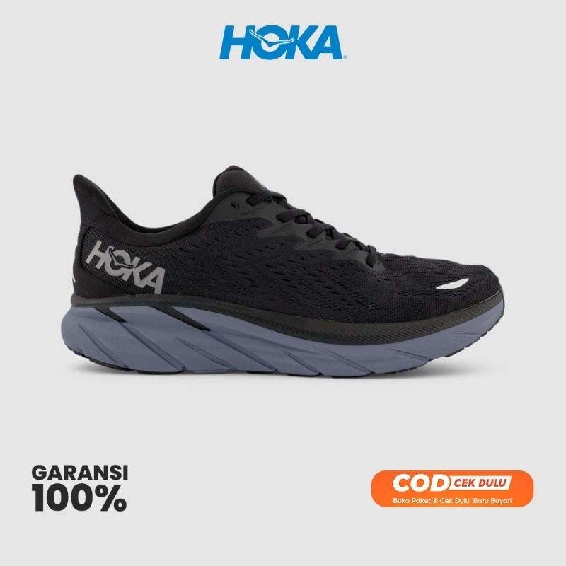 Hoka Clifton 8 Black Grey Original - Sepatu Hoka Running - Hitam Abu - Sepatu Hoka Original 100% - S