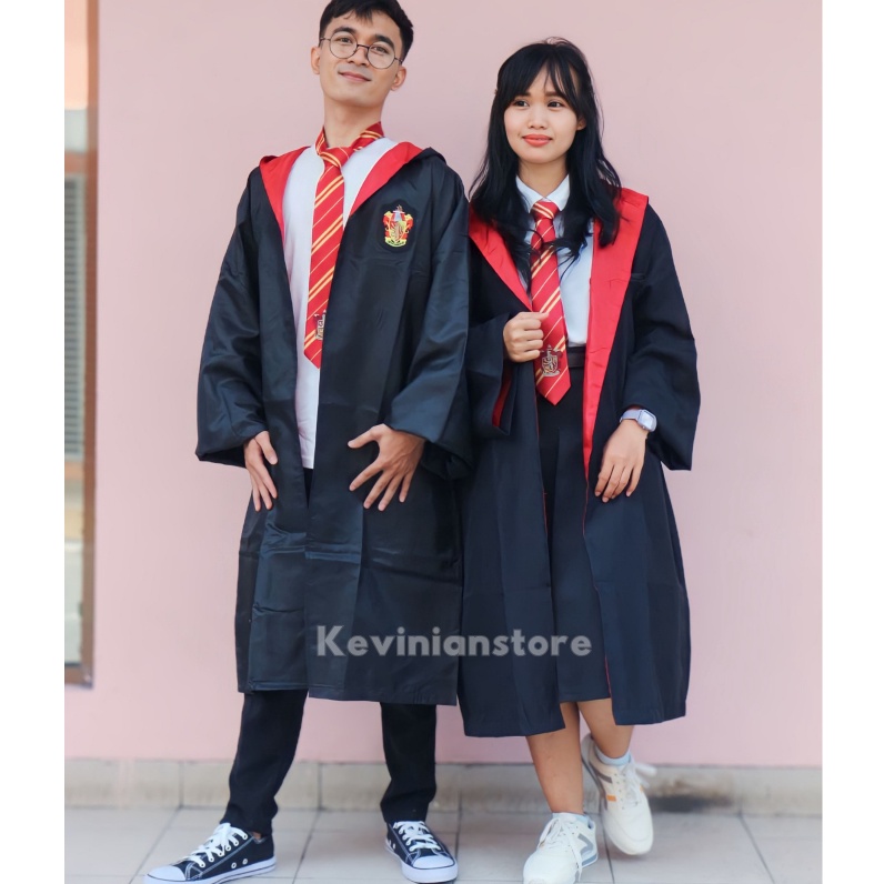 Elegant Kostum Plus Dasi Jubah Pelajar Sekolah Sihir Cosplay Halloween Pria dan Wanita Merah