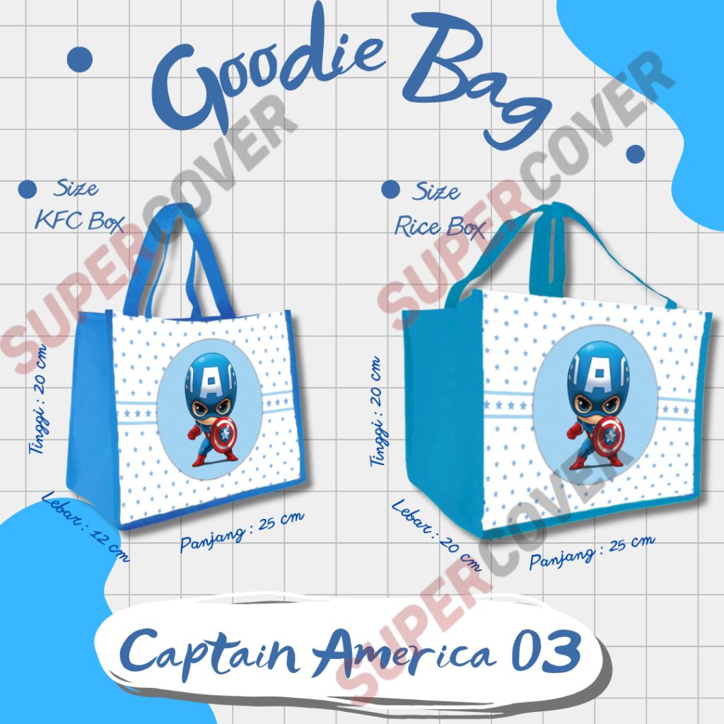 

Goodie Bag Gambar Kartun Captain America 04 Warna Biru Muda Untuk Acara Ulang Tahun, Aqiqah, Sunatan Dan Lain lain.