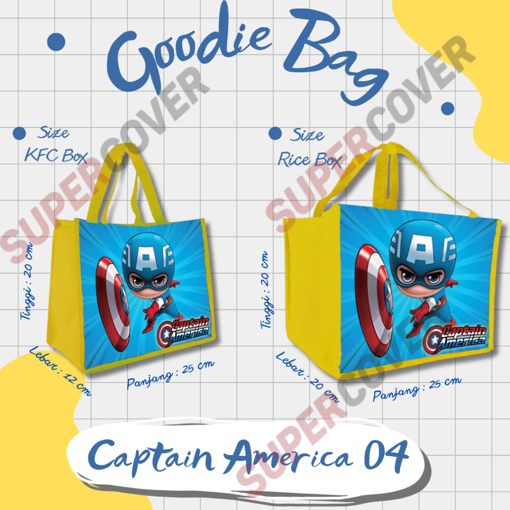 

Goodie Bag Gambar Kartun Captain America 04 Warna Kuning Untuk Acara Ulang Tahun, Aqiqah, Sunatan Dan Lain lain.