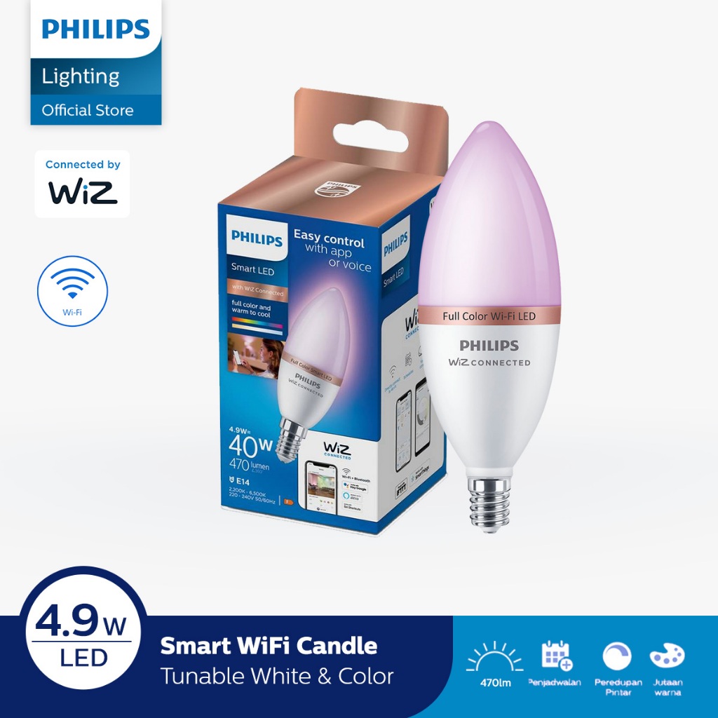 Philips Lampu Smart WiFi LED 4.9W E14 Bluetooth - Color and TW (Warna)