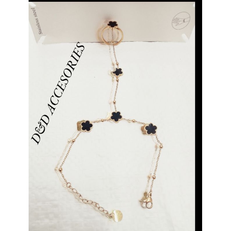 GELANG TANGAN TITANIUM WANITA RANTAI  BUNGA  HITAM SAMBUNG RANTAI CINCIN TERBARU ANTI LUNTUR