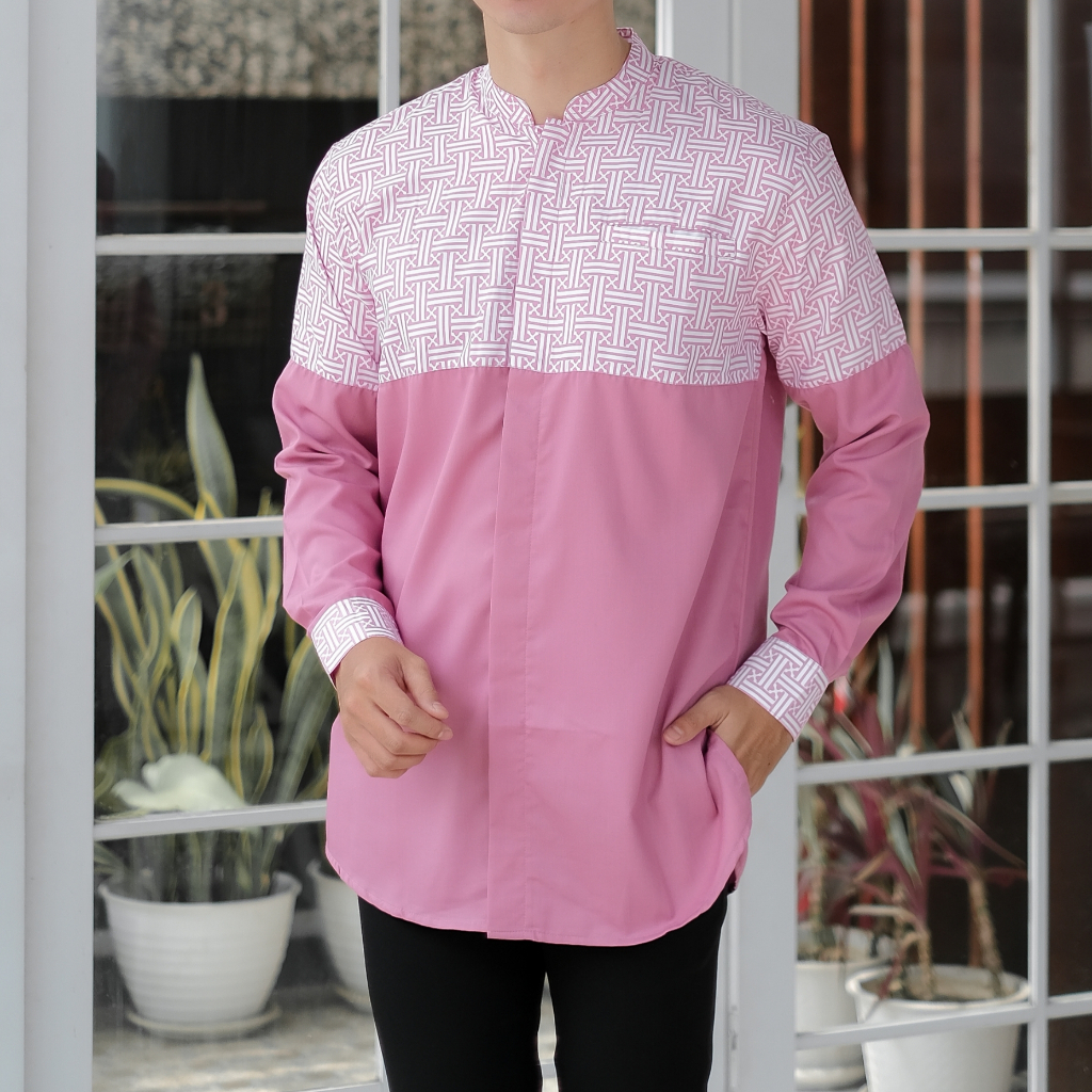 Baju Koko Pink Motif Batik Bahan toyobo Kemko Pria Series Sertik
