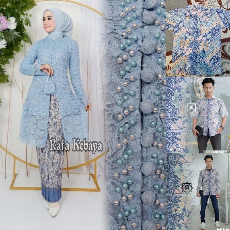 Couple Kebaya Modern Tunik Brokat Kancing Payet/ Set Kebaya Couple Tunik Baby Blue / Baju Batik Coup