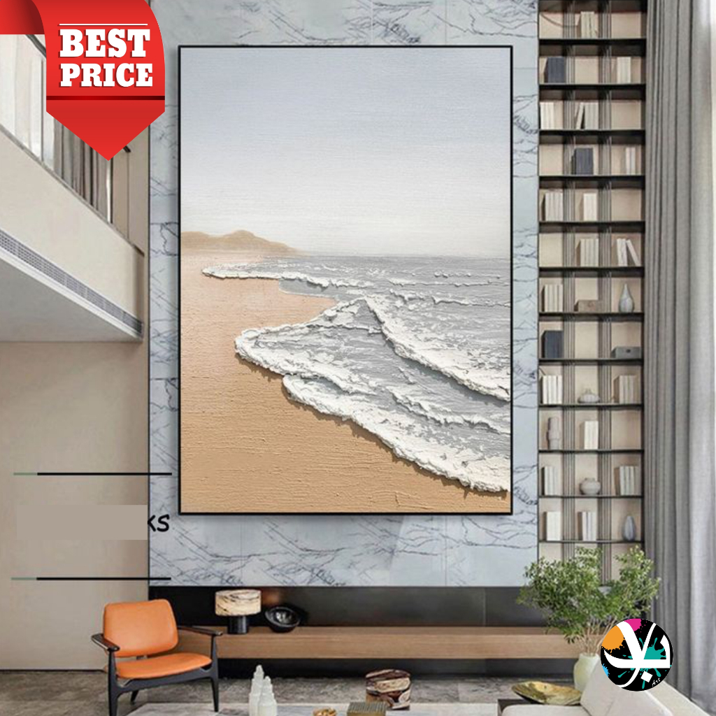 lukisan kanvas pantai abstrak teksture timbul