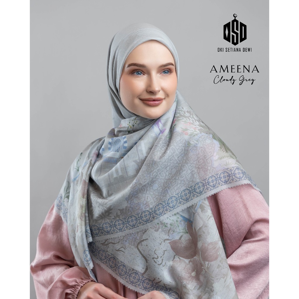 OSD - Ameena Scarf Cloudy Grey Hijab Motif Segiempat Premium Voal
