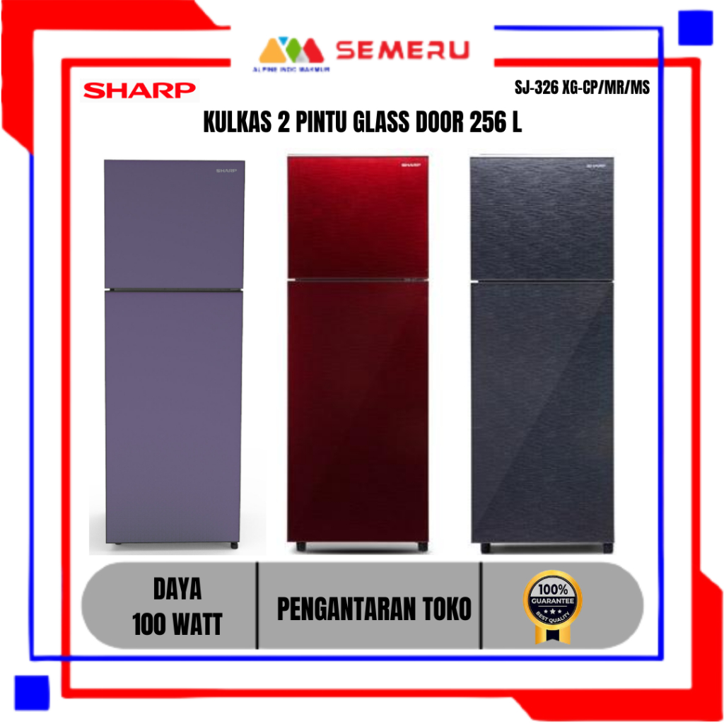 SHARP KULKAS 2 PINTU GLASS DOOR 256 L PURPLE SJ-326 XG-CP /SJ-326 XG-MR RED/ SJ-326 XG-MS SILVER KHU