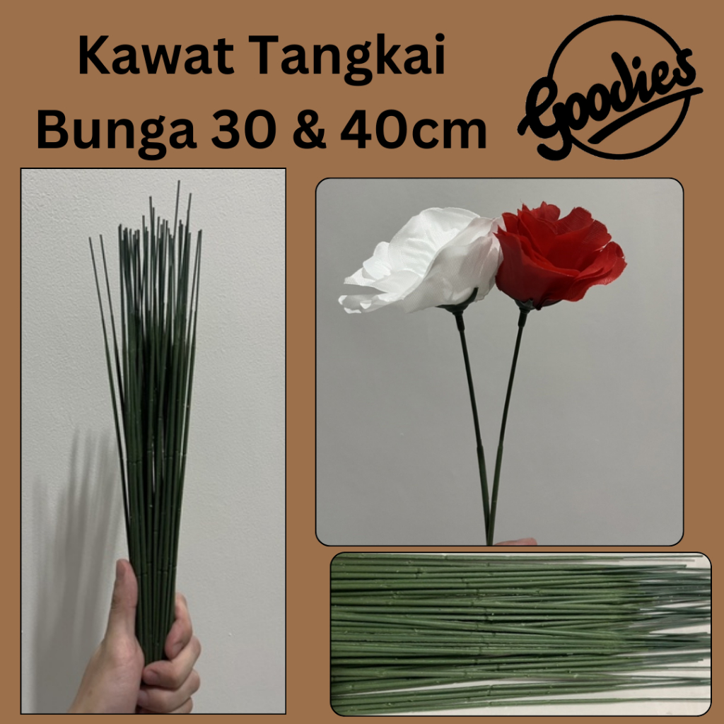 Tangkai Bunga Kawat Import Panjang 30cm &amp; 40cm [Tebal 2mm] untuk Bunga Artificial Mawar