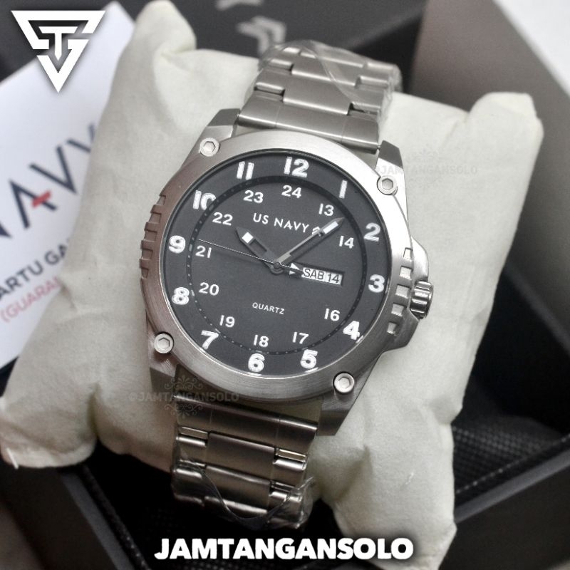 JAM TANGAN PRIA US NAVY DAY DATE ORIGINAL ANALOG STAINLESS STEEL HARI TANGGAL CLASP FULLSET BOX KART