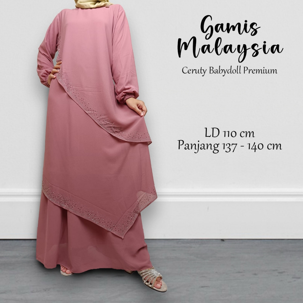 Gamis Malaysia Bahan Ceruty Babydoll Premium/Baju Lebaran/Kondangan/Gamis Ceruty Dusty Pink