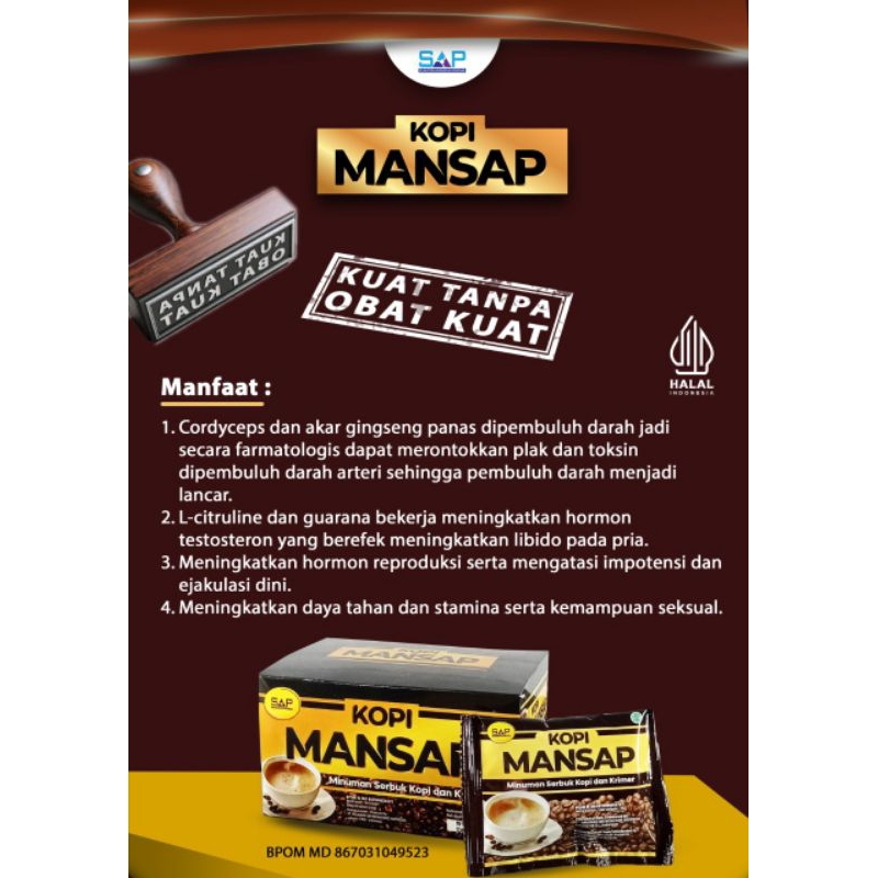 

KOPI MAN - SAP MENINGKATKAN KEPERKASAAN PRIA BPOM IJIN HALAL MUI GMP ORIGINAL