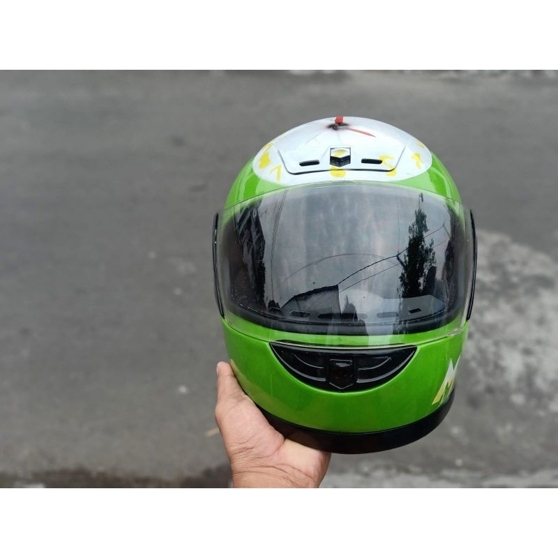 Helm Helem Full Face Teropong Kawasaki Ninja R Lama Hijau Original Bekas Copotan Motor Second 2nd
