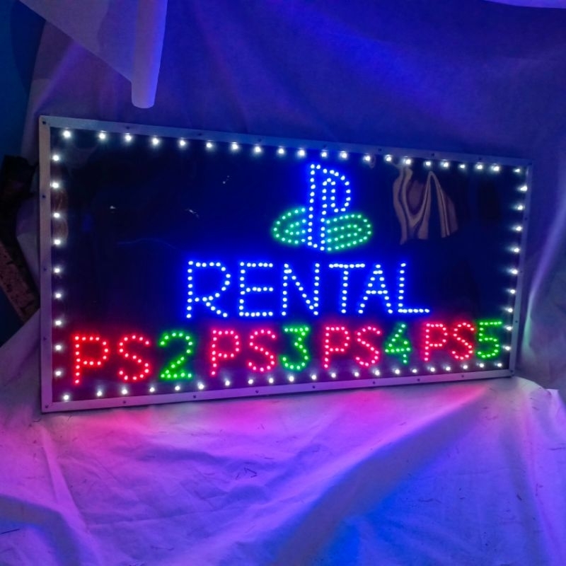 tulisan lampu LED RENTAL PS2 PS3 PS4 PS5 dan logo PS ukuran besar 100x50cm
