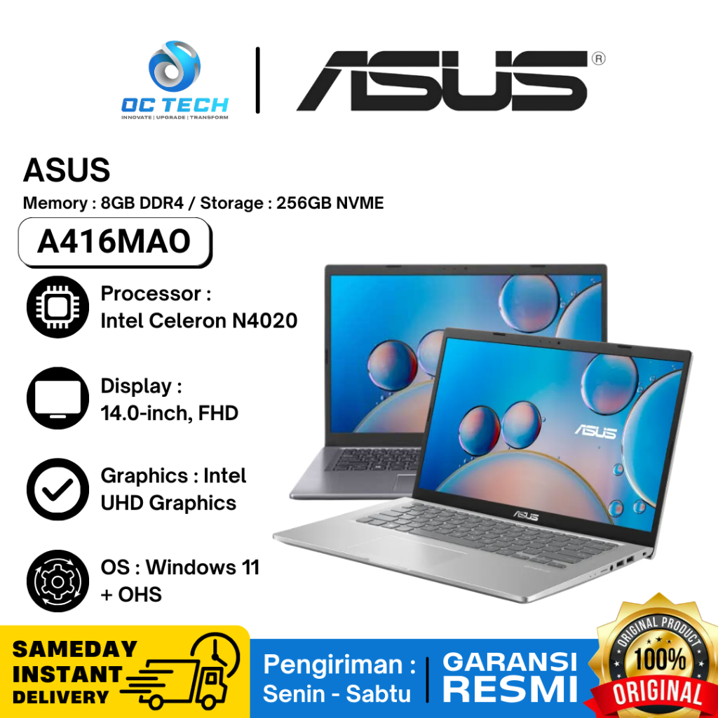 Laptop ASUS VivoBook 14 A416MAO Intel Celeron N4020 8GB DDR4 256GB SSD NVME 14" FHD WIN11 OHS Origin