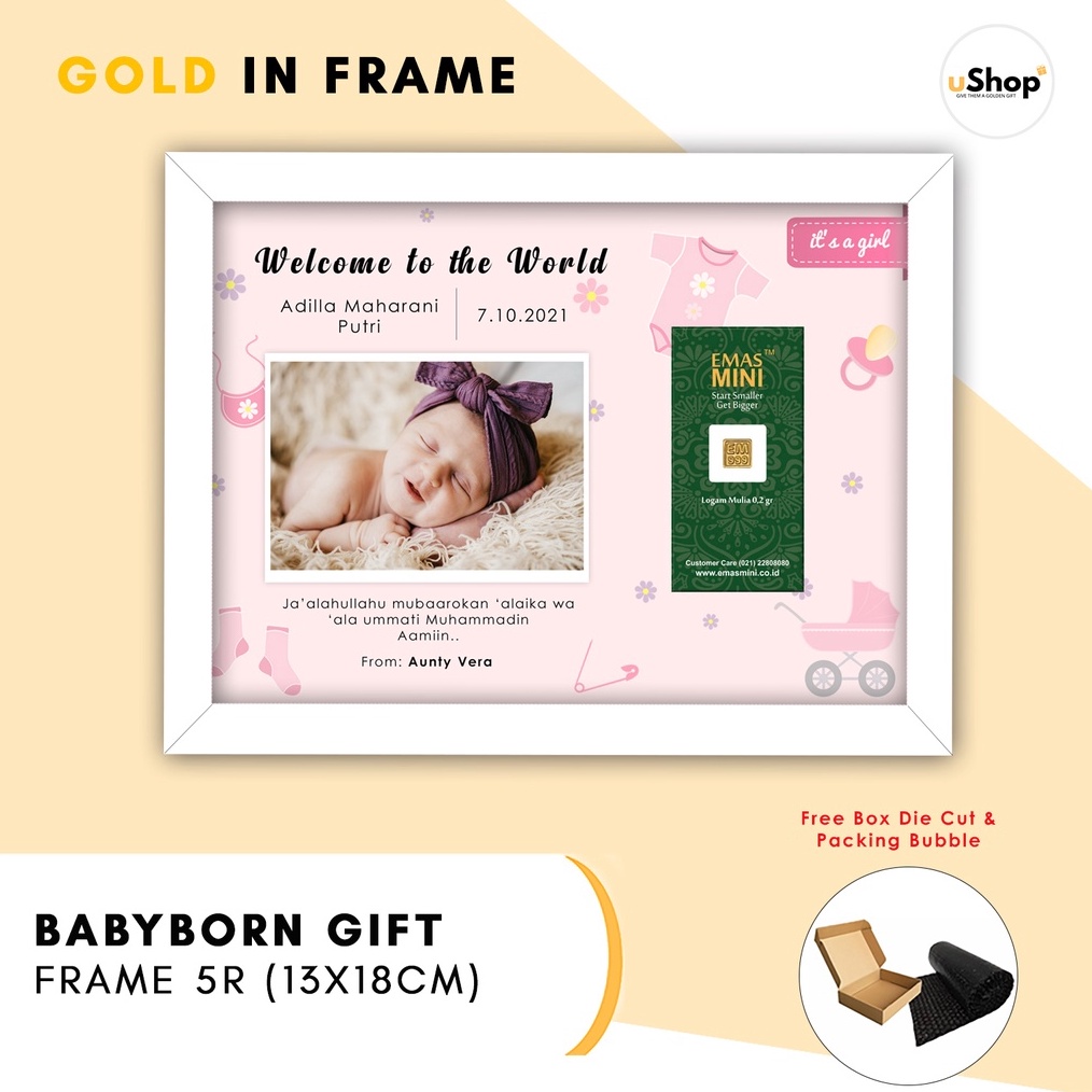 Ready Stok Kado Lahiran Bayi Newborn Kado Baby Newborn Frame Kado Gift Series Logam Mulia Emas Mini