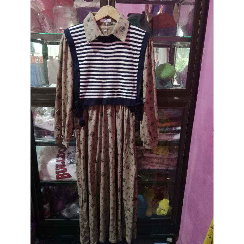 Gamis corduroy+vest rajut  bunga navi##original fashion import