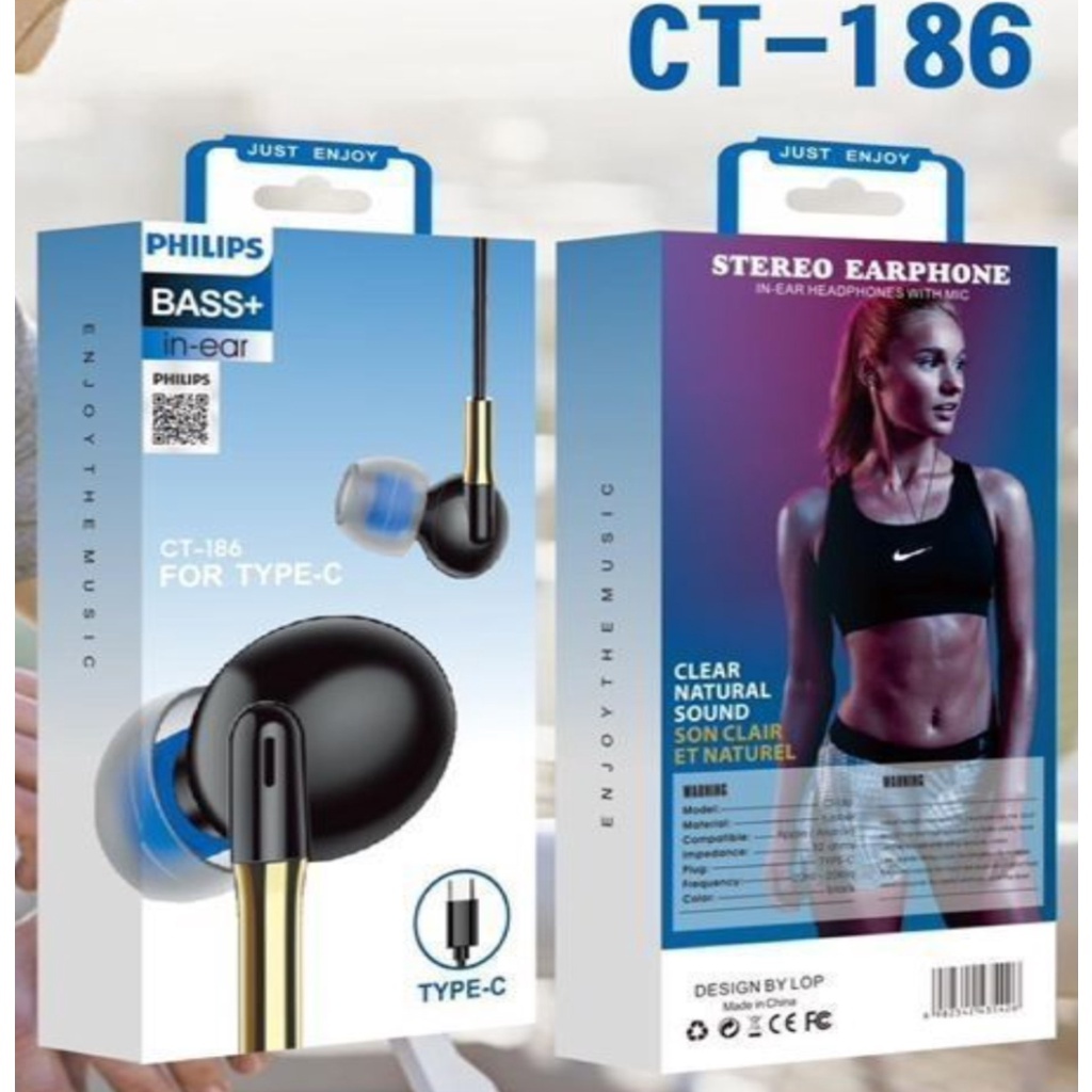 TIPE C Headset Handsfree / Philips CT-186 Konektor Type C Stereo Earphone IPHONE 15/SAMSUNG/HUAWEI/O