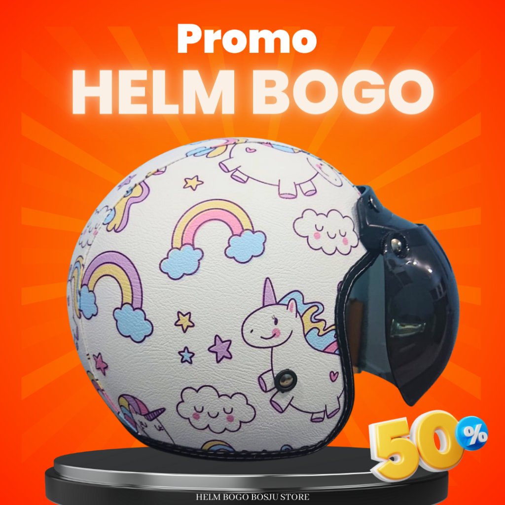 Helm Bogo Motif Kuda Poni Unicorn | Custom Warna Nama | Helem Retro Klasik Anak Cewek Wanita Remaja 