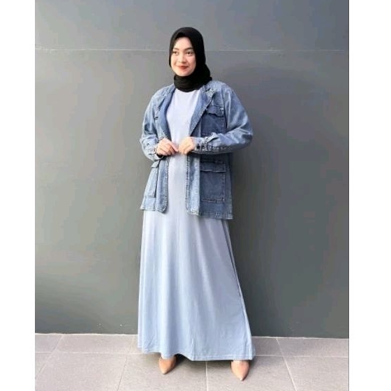 Setelan Dress Manset Gamis Panjang Biru Telur Asin Fit M- XL  Blazer Denim Lezahrasignature Long Inn