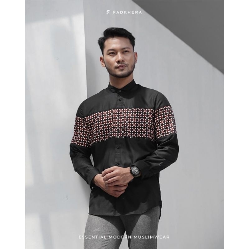 Baju Fadkhera Asraf Black Long Kemeja Koko Terbaru Motif Batik Kawung