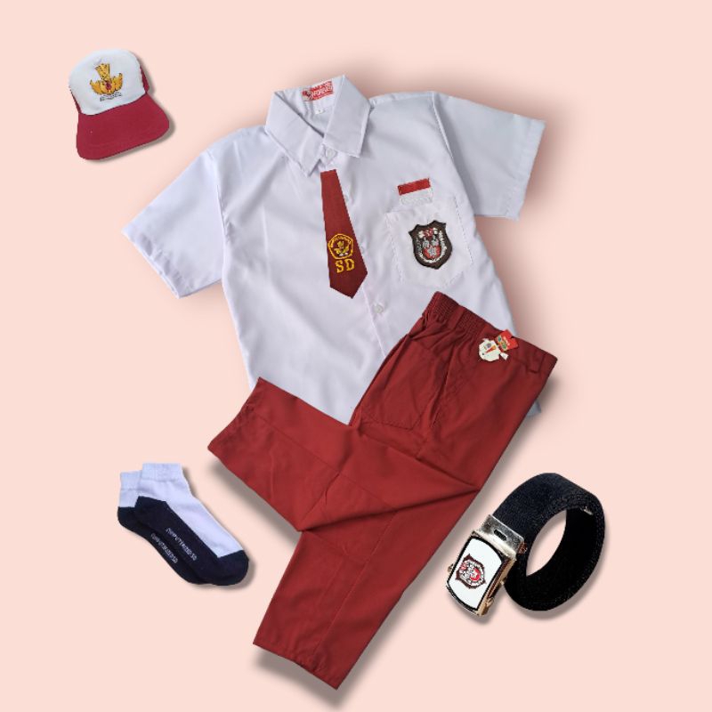 OK Setelan Seragam Sekolah Anak SD Merah Putih Laki-Laki Baju Lengan Pendek Celana Panjang Kelas