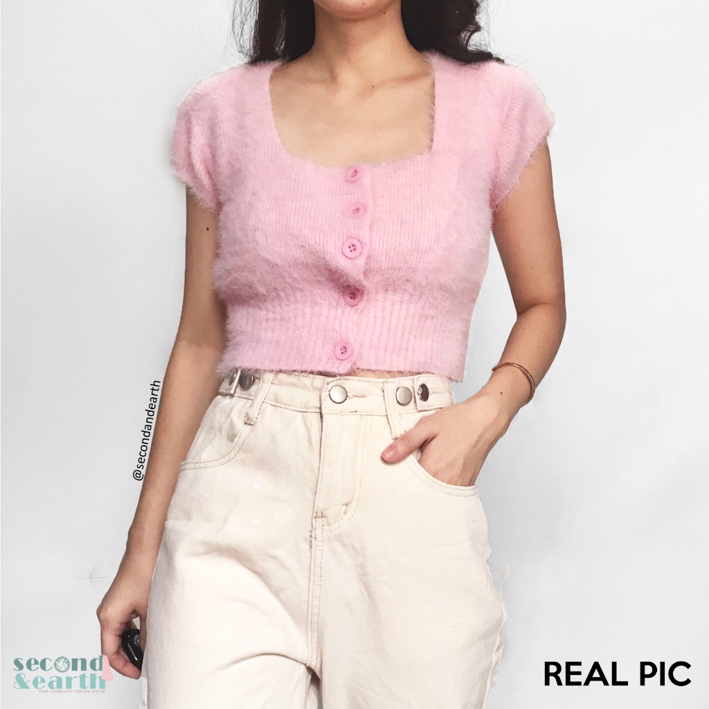 Fluffy Sweater Crop (XXS-XS) Atasan Rajut Bulu Lengan Pendek Leher Persegi Merah Muda Polos Short Sl