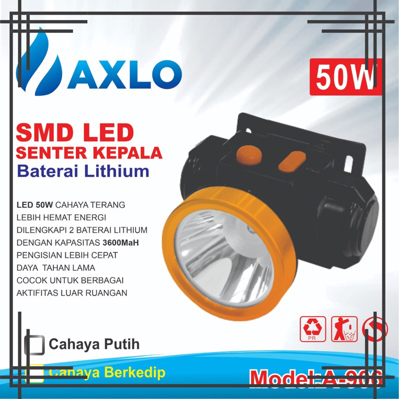POMO BIG SALE  SENTER KEPALA AXLO A-906 / SMD LED SENTER KEPALA BATERAI LITHIUM LED 50W / SENTER LAM