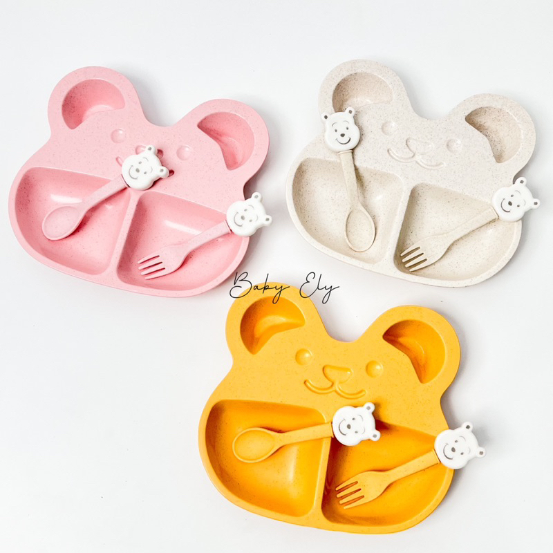 BABY ELY | 3 in 1 Set piring makan anak MPASI lucu sekat bento bahan wheat fiber sendok garpu beruan