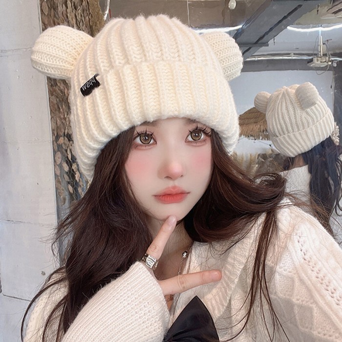 Topi Rajut Beruang Lucu Wanita, Topi Kupluk Musim Dingin Telinga Bear, Topi Kupluk Pria, Winter Hat 