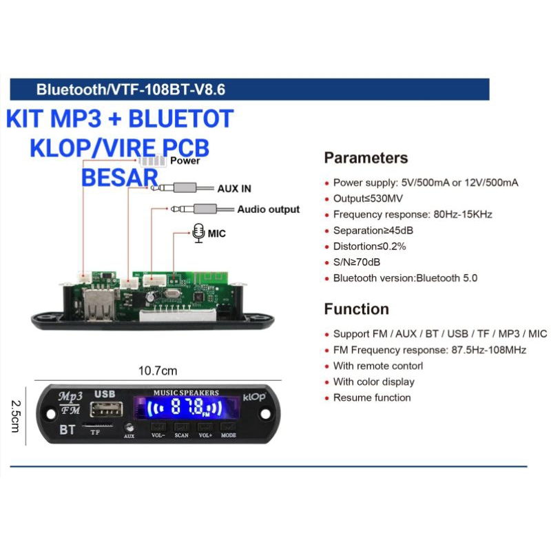 Kit Mp3 Bluetooth Vtf-108 / Module USB Bluetooth vtf-108
