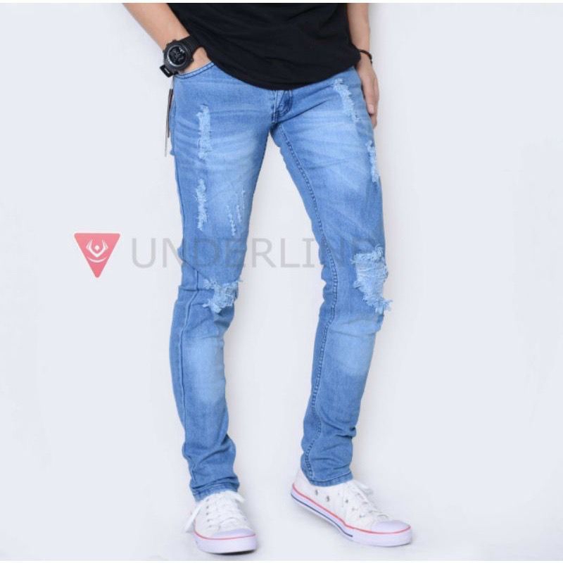Ripped jeans pria Celana pensil cowok sobek jeans laki laki dewasa celana jeans baggy pria