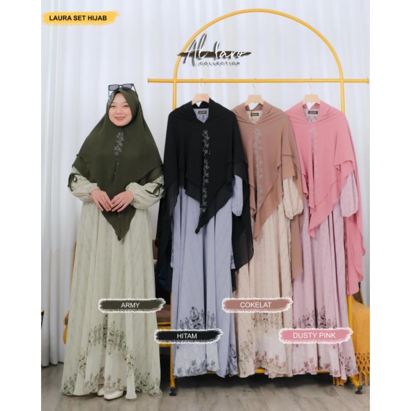 GAMIS SET KHIMAR CERUTY BABYDOLL PREMIUM MOTIF LAURA SET HIJAB ORIGINAL ALFARO COLLECTION