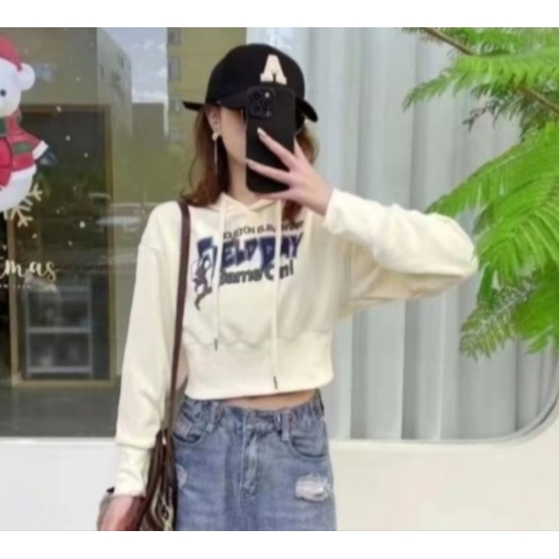 ‼️ SUPER SALE - READY - PREMIUM IMPORT ‼️ FIELD DAY HOODIE LONG SLEEVE KNIT CROP BLOUSE TOP RAJUT SW