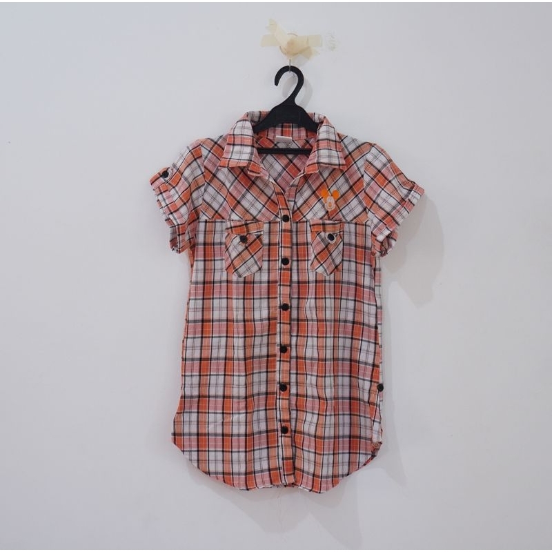 Disney Mickey Orange Square - Atasan Hem / Kemeja Kerja / Kantor Wanita Lengan Pendek Oranye Putih K