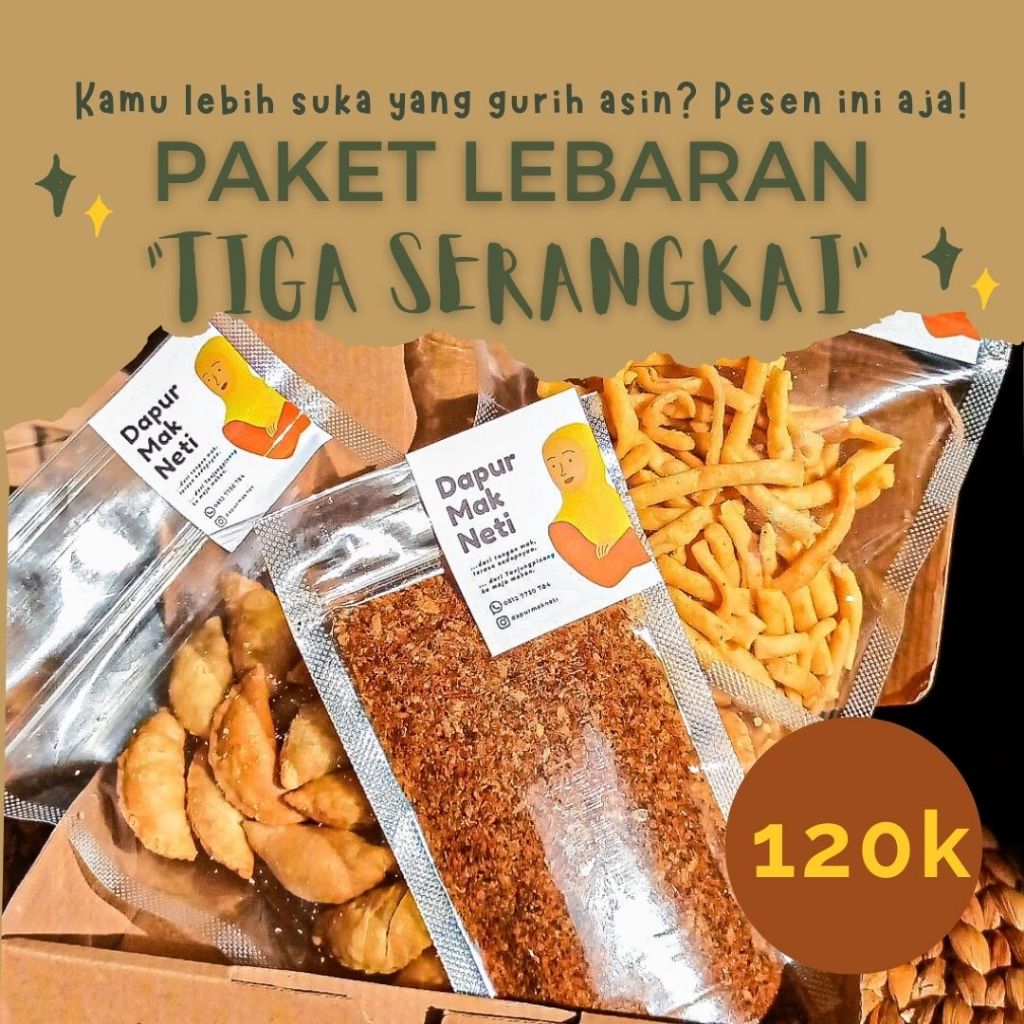 

PAKET LEBARAN TIGA SERANGKAI (SERUNDENG TONGKOL, EPOK-EPOK/PASTEL, STIK BAWANG)