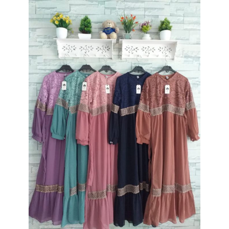 Dress Ceruty Babydoll Mix Brokat Glitter Variasi Renda Bintang Besar Gamis Ceruti Brukat Dada Renda 