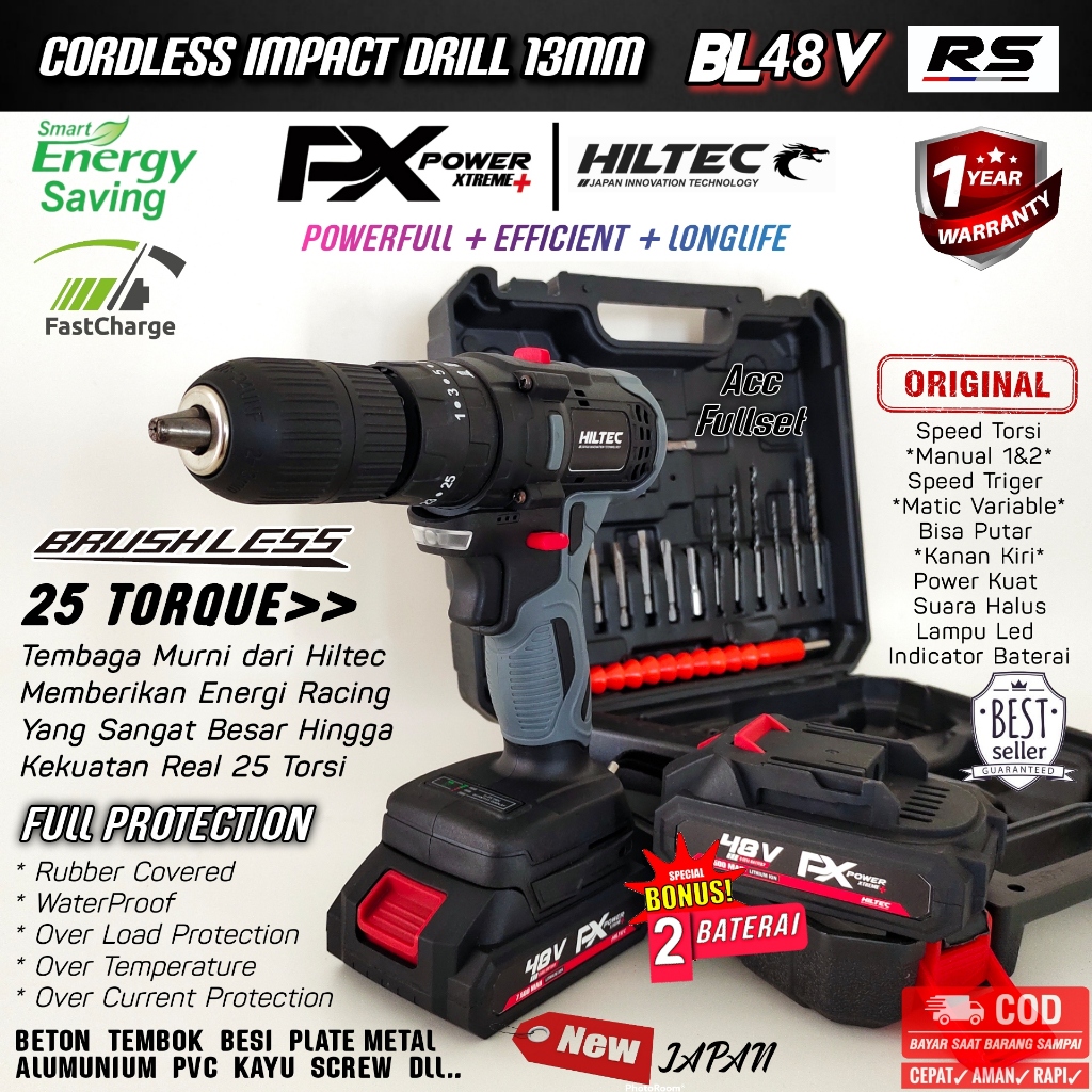 Cordless Drill Impact Screw Mesin Bor Battrey Baterai HILTEC BL48V RS 13mm 10000MAH Kayu Besi Beton 
