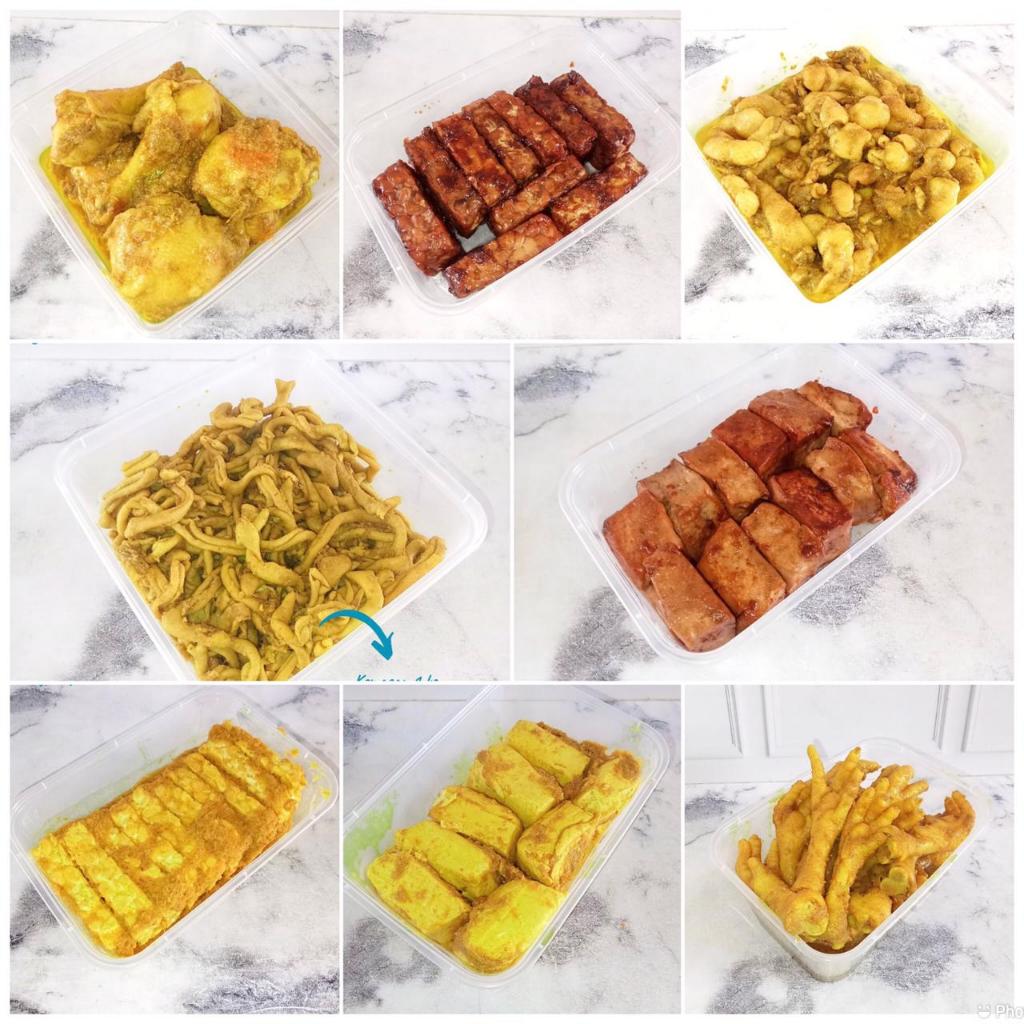 

aneka lauk ungkep siap goreng / ayam ungkep bumbu kuning / tahu ungkep / tahu bacem / tempe ungkep / tempe bacem/ ceker ungkep / ati ampela ungkep / kulit ungkep