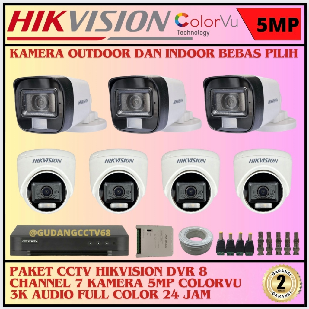 Paket CCTV HIKVISION 8 Channel 7 Camera HIKVISION 5MP Colorvu 3K Full Colour AUDIO SERIES Komplit