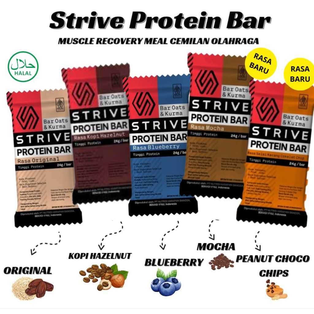

QH STRIVE Protein Bar Muscle Recovery Meal Cemilan Olahraga 1 BOX isi 5Bar pemulihan otot