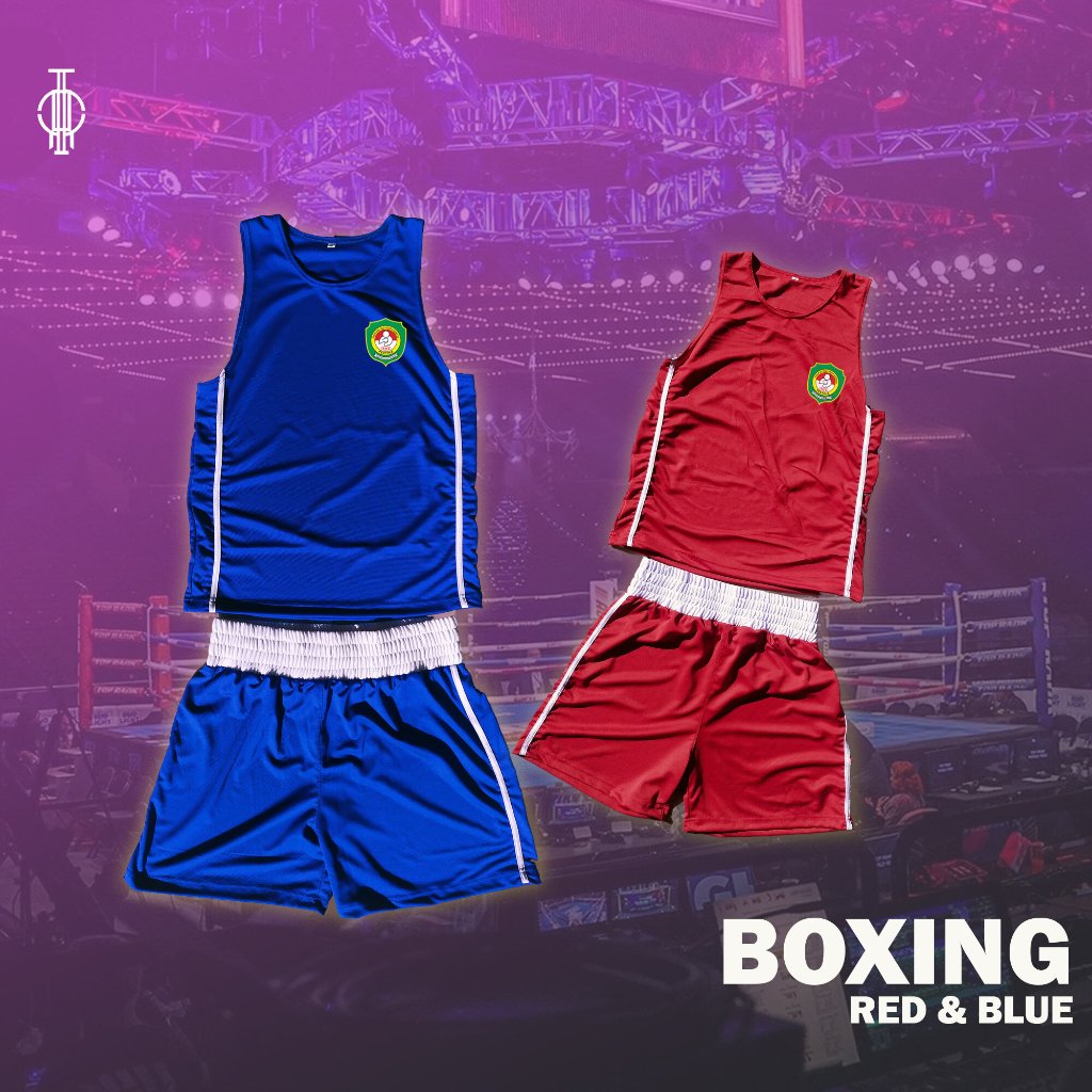 Baju Tanding Tinju Boxing Merah Biru model PMA Free Tulisan belakang