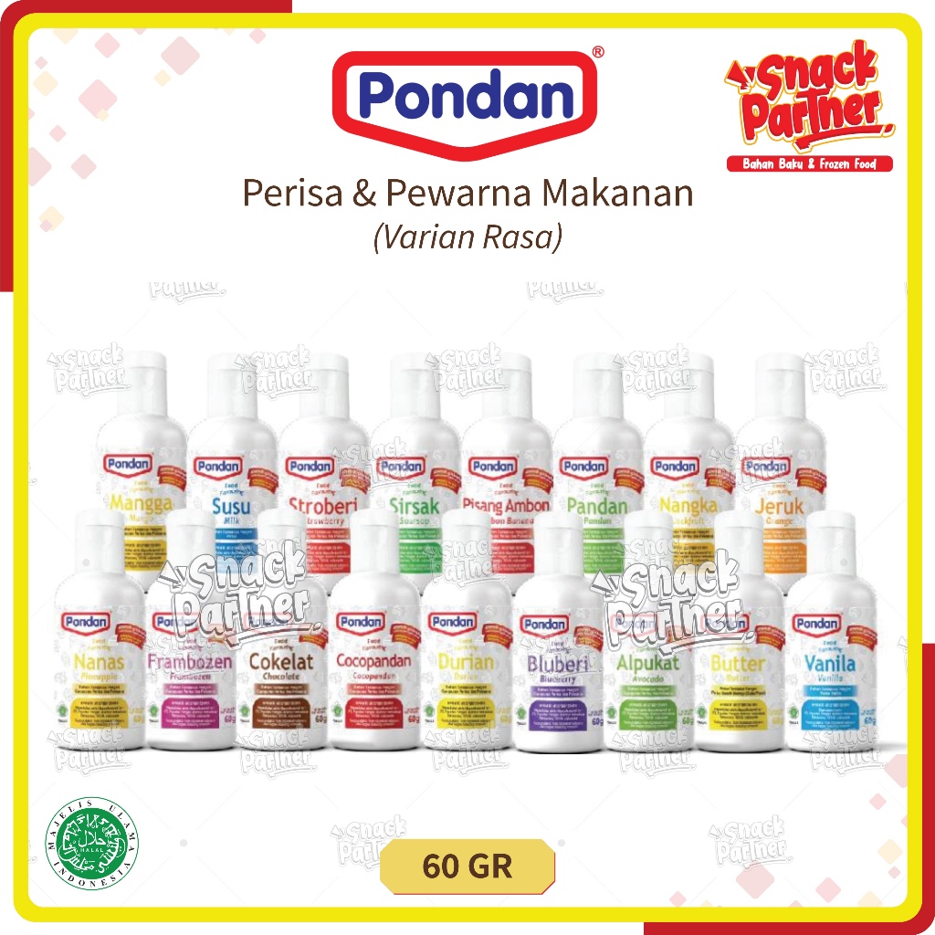 

PONDAN 60 GR | PERISA PEWARNA MAKANAN - Paste Pasta Alpukat Nanas Vanilla Vanilli Red Velvet Chocolate Choco Coklat Durian Sirsak Frambozen Nangka Pandan Pisang Ambon Strawberry CocoPandan Susu Milk Orange Jeruk Blueberry Mangga Koepoe