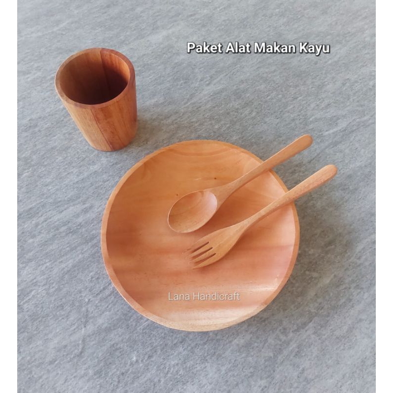 piring kayu/piring makan/piring liuk 20cm set sendok garpu gelas kayu mahoni