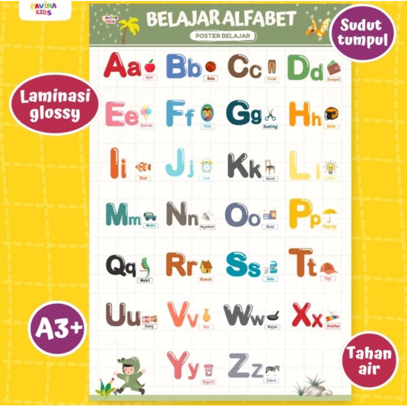 Poster Belajar Huruf Alfabet Besar Kecil Dan Contoh Benda